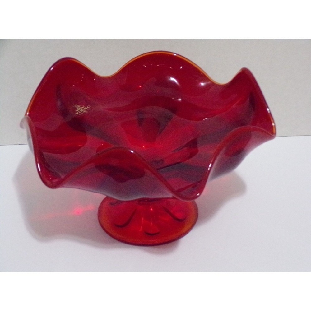 Vintage Viking Ruby Red Glass MCM Ruffled Edge Epic 6 Petal Round Compote